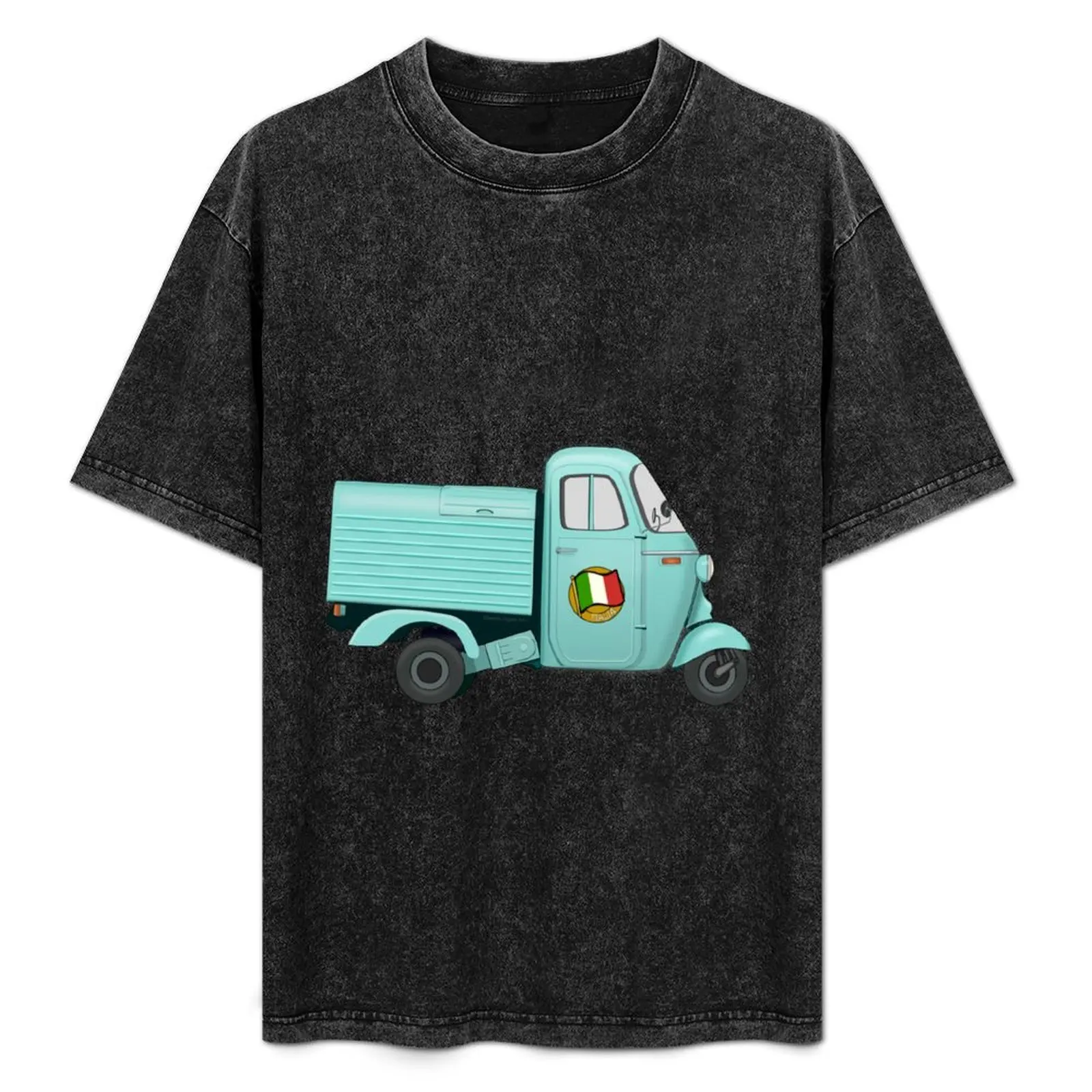 

Vintage Cyan Italian Motorized Rikshaw with Italian Flag Sticker on the Door T-Shirt plain men t shirts