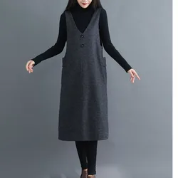 #4008 Winter Women Tank Top Dresses Pockets Thick Warm V-neck Buttons Stripe Midi Dress Femme Sleeveless Straight Knitted Cotton