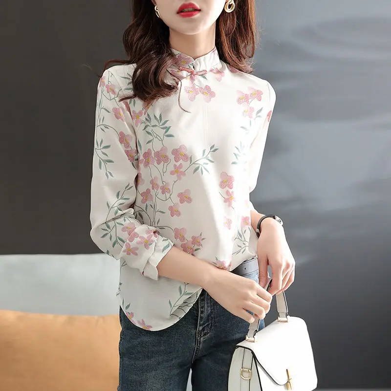 Vintage Printing Button Patchwork Chinese Style Skinny Half High Collar Shirts Casual Women\'s Clothing 2022 Spring Autumn Thin