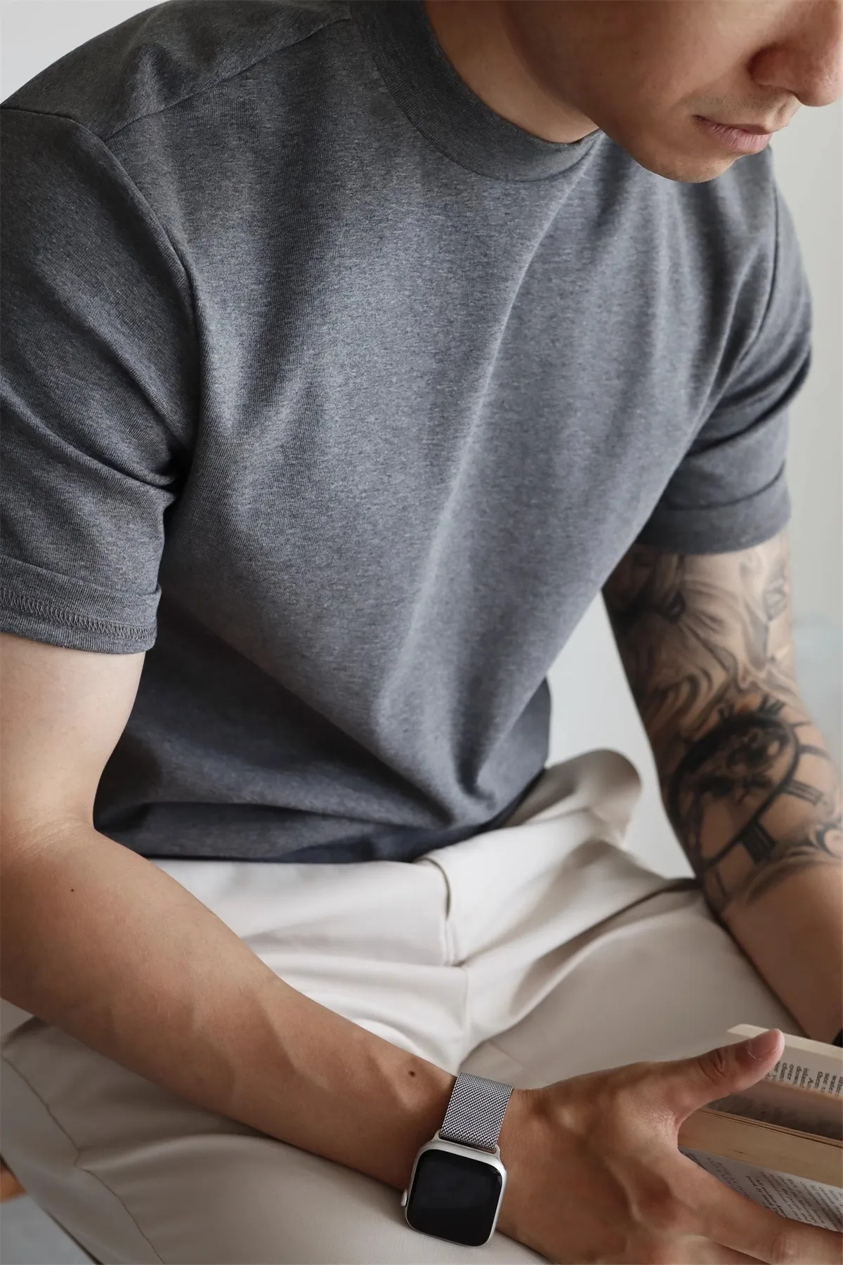 

spring summer Elastic Comfortable Men's T-shirt Small high collar stripe shirt short sleeve fitness tops sports casual T-shirt
