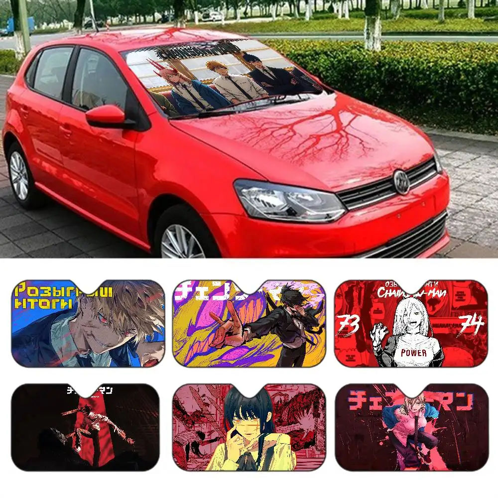 Action Anime Chainsaw Man Car Sunshade Shield Windshield Window Sun Blocker Cover Interior Protection For Truck SUV Visor