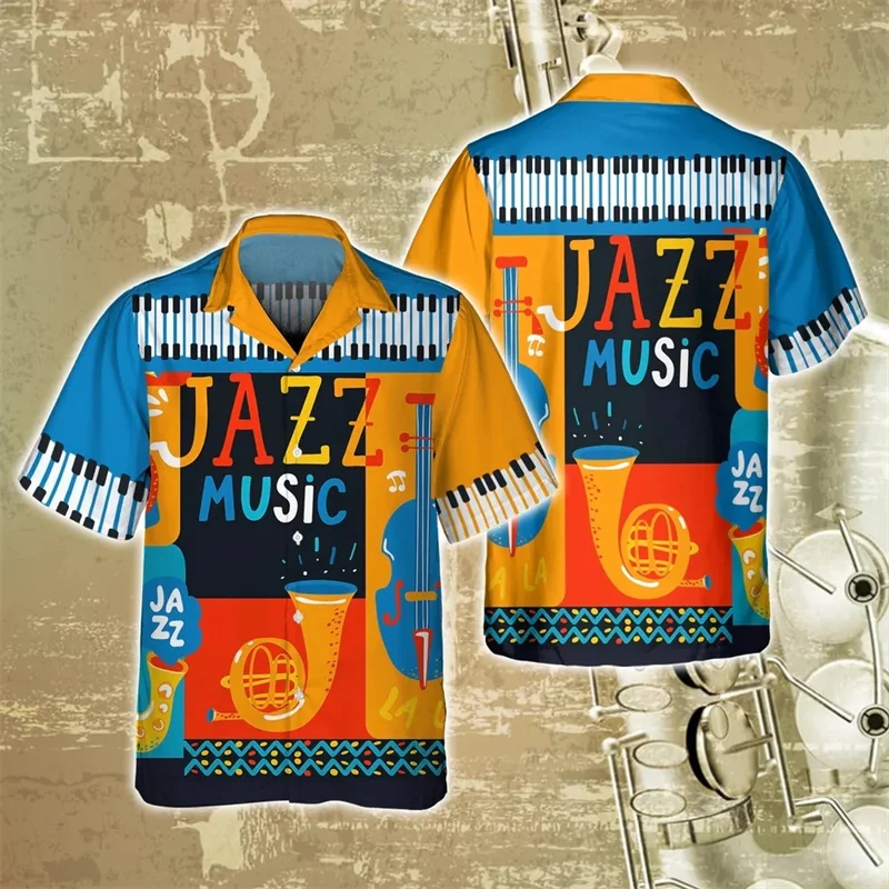 

Music Guitar Pattern Hawaiian Shirt For Men Instrument 3D Print Blouse Casual Button Lapel Tops Loose Aloha Shirts Short Sleeves
