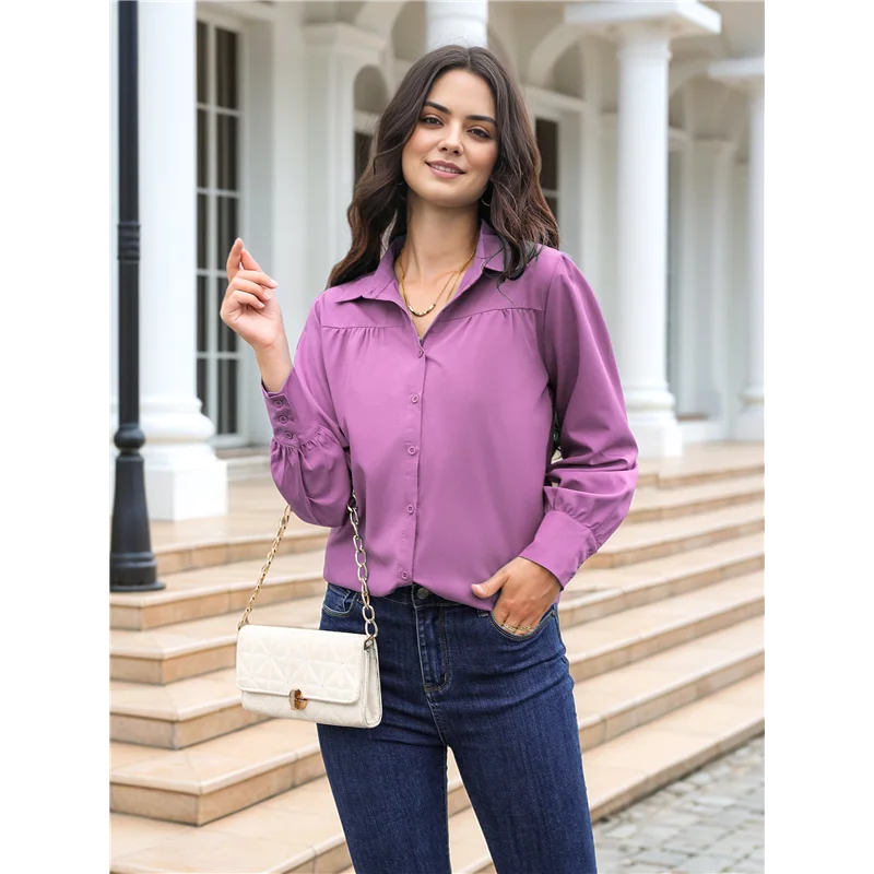 AOAO-Top da donna elegante casual con colletto abbottonato e maniche lunghe, elegante camicetta da lavoro a pieghe sul davanti