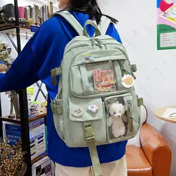 College Student Rucksack Fashion Casual Book Bags Nylon with Plush Pendant Pin Cute Large Capacity Japanese Style for Teen Girls