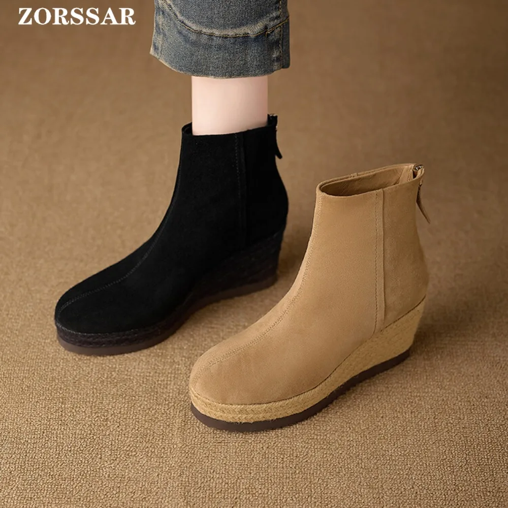 العلامة التجارية تصميم حذاء نسائي بكعب عالٍ Bootie طفل الجلد المدبوغ الإناث الأحذية الحديثة منصة النساء الأحذية موضة أسافين حذاء من الجلد المشمش الأسود #1