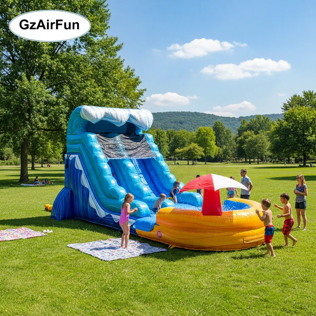 

Outdoor Backyard Water Park, Beach Themed Inflatable Slide with Climbing Wall, Commercial Grade for Party Rental