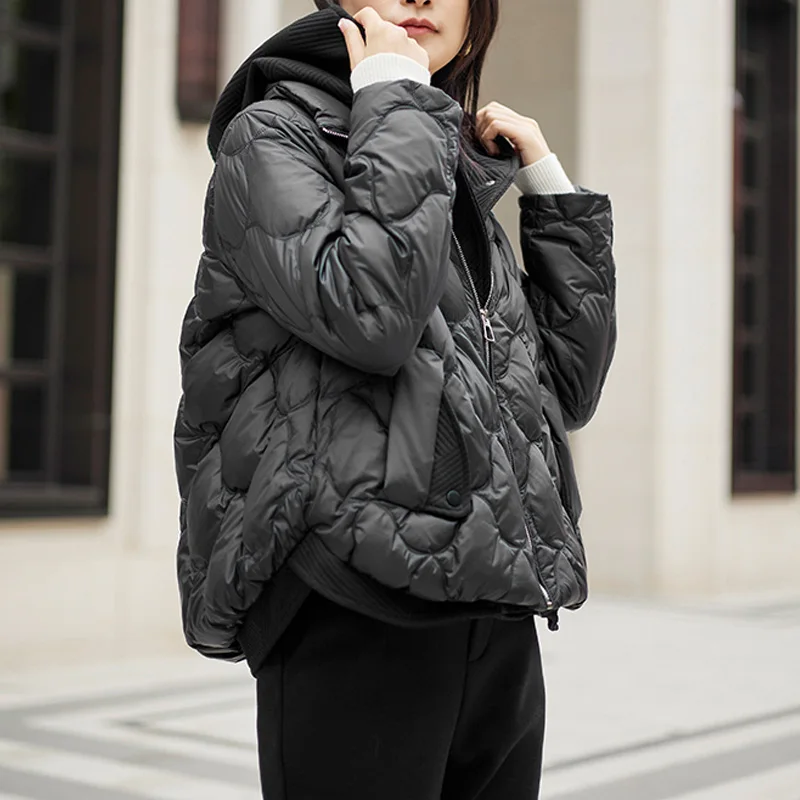 New Winter False Two Piece Knitted Spliced Puffer Jacket Women Short Loose Hooded Parkas Casual 90% Duck Down Coat Jackets