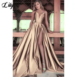 Lily Deep V Neck Rose Gold Prom Dress Side Split Classic A Line Party Dress Sleeveless فساتين مناسبة رسمية Stain Formal Dresses