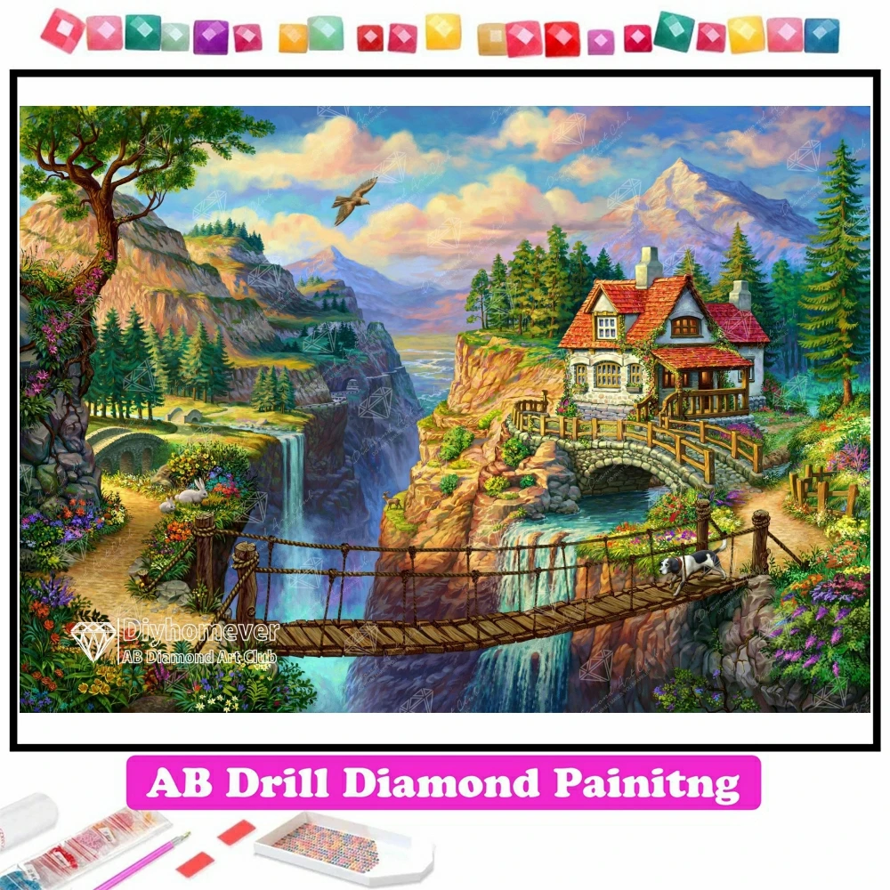 Huis aan de klif 5D AB Diamond schilderij borduurwerk landschap Cross Stitch mozaïek steentjes handgemaakte hobby Home Decor cadeau