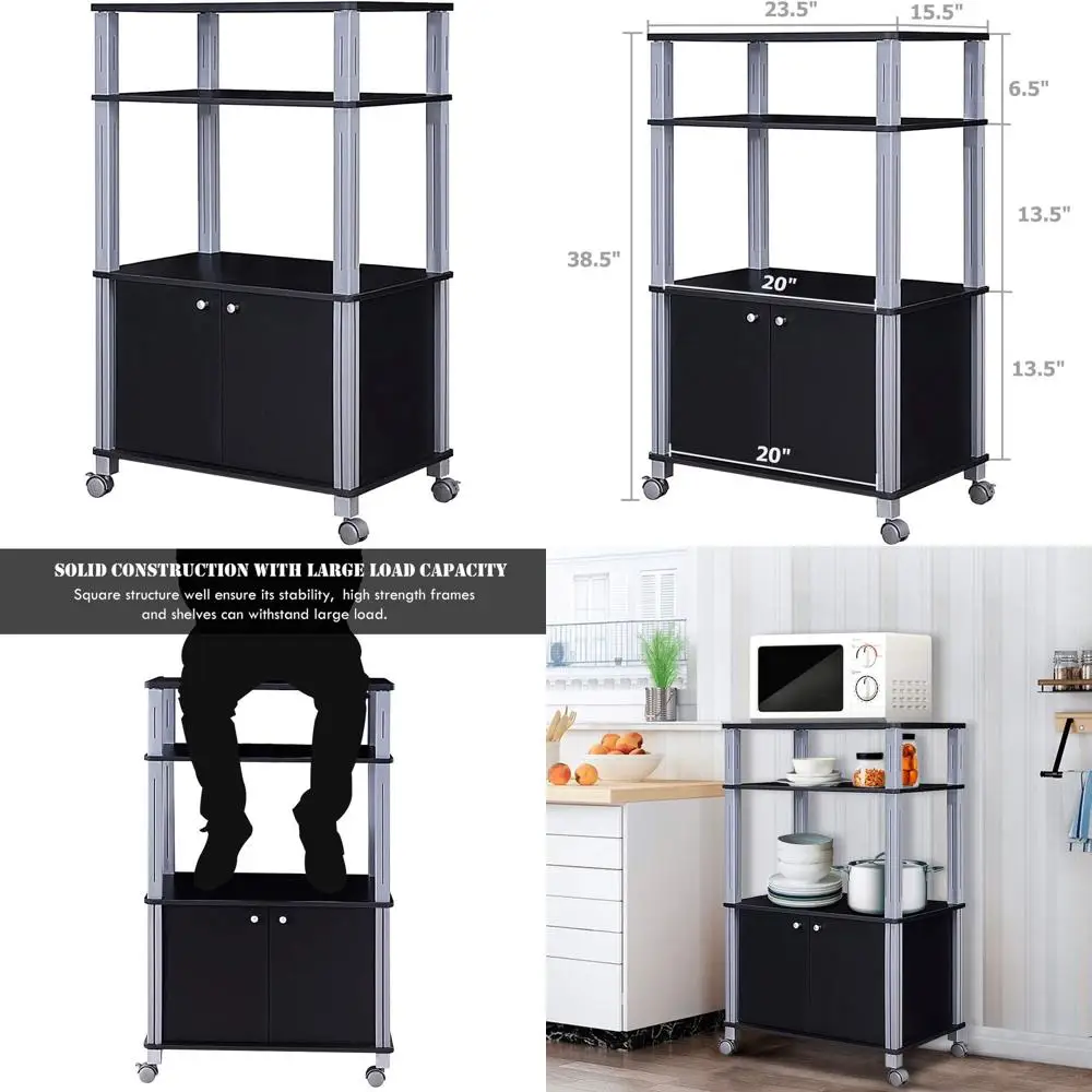 

Kitchen Cart with Microwave Stand, 2-Tier Shelves, Cabinet, and Spice Organizer - Multifunctional Utility on Wheels (Black)