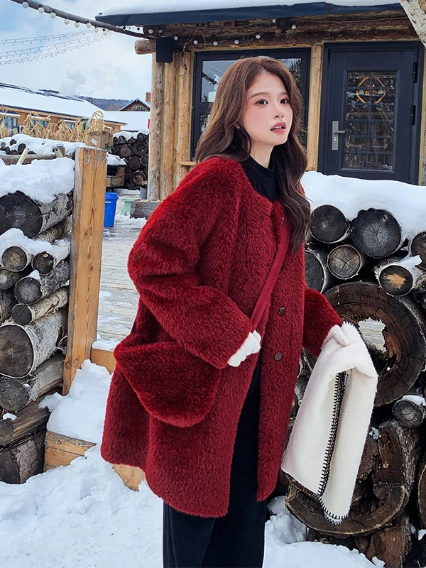 

Fluffy Lamb Fur Jaet Women's Mid-Length Thiened Autumn Winter New Sle Beautiful Coat Casual Loose Sle Long Sve