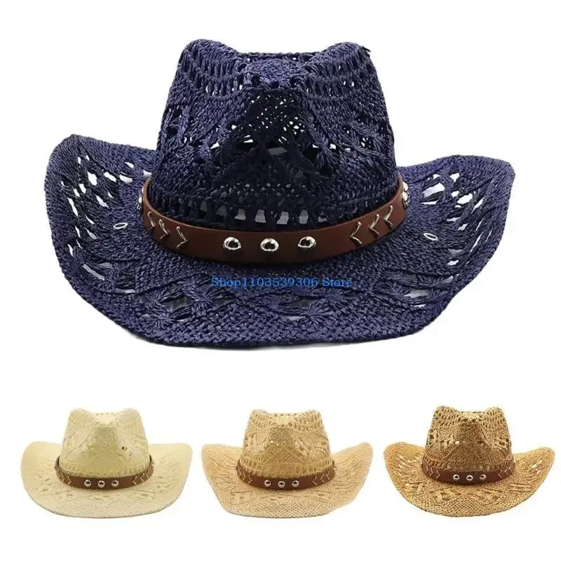 400A Vacation Cowboy Hat Straw Hat Beach Belt Adornment Panama Hat for Club