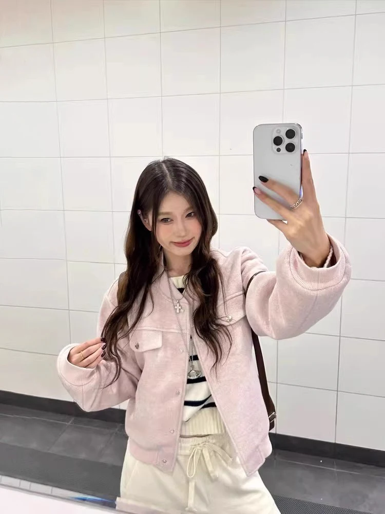 

Pink Korean Sle Versatile ort Woolen Baseball Coat Women's Autumn High-End Commute Anti-Aging Top Quali Faionable