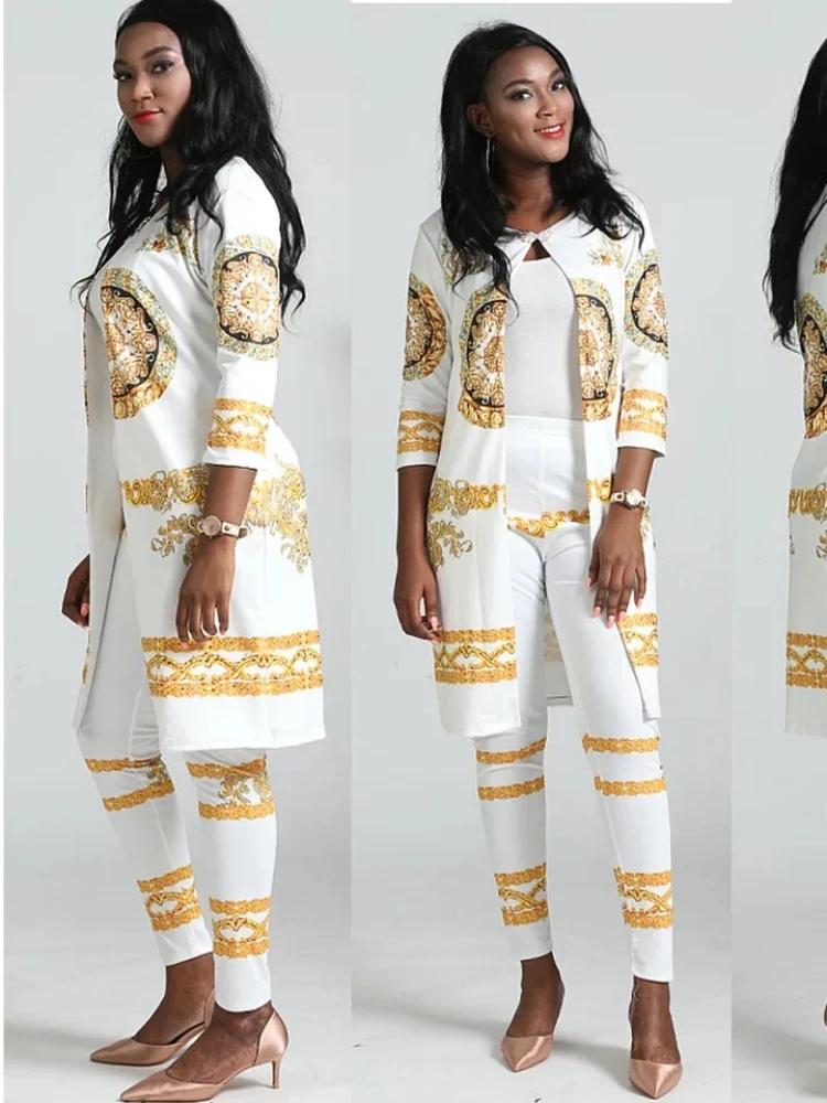 African 2 Piece Set Women Print Elastic Bazin Coat and Long Pant Rock Style Dashiki Office Lady Suit Tops and Legging 2pcs Suits