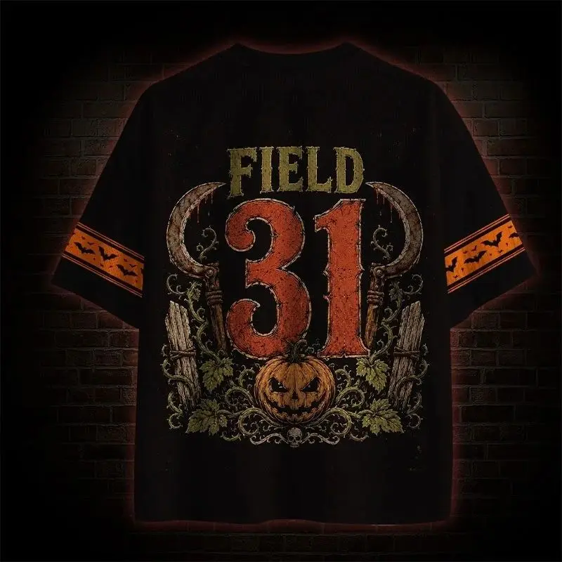 2026 New Style Black Zombie Pumpkin Scythe Front and Back Printed Halloween V-Neck Streetwear T-Shirt