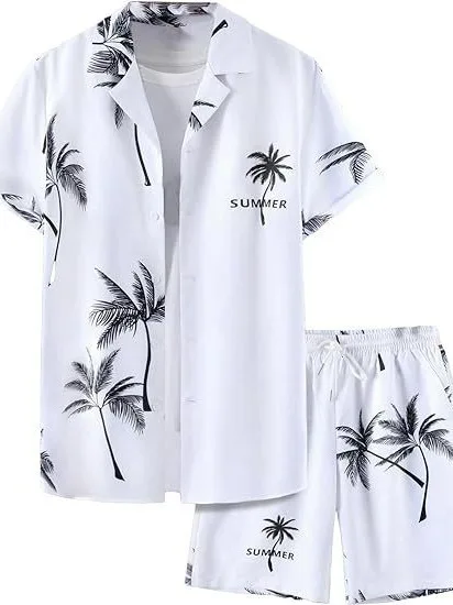 New Men's Casual Loose Shirt Set Hawaii Seaside 3D Digital Printing Beach
