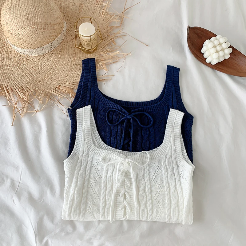 U-neck Lace-Up Front Sweater Vest Women Spring Summer Sleeveless Cable Knit Crop Top Korean Sexy Hollow Out Navy Blue White Top