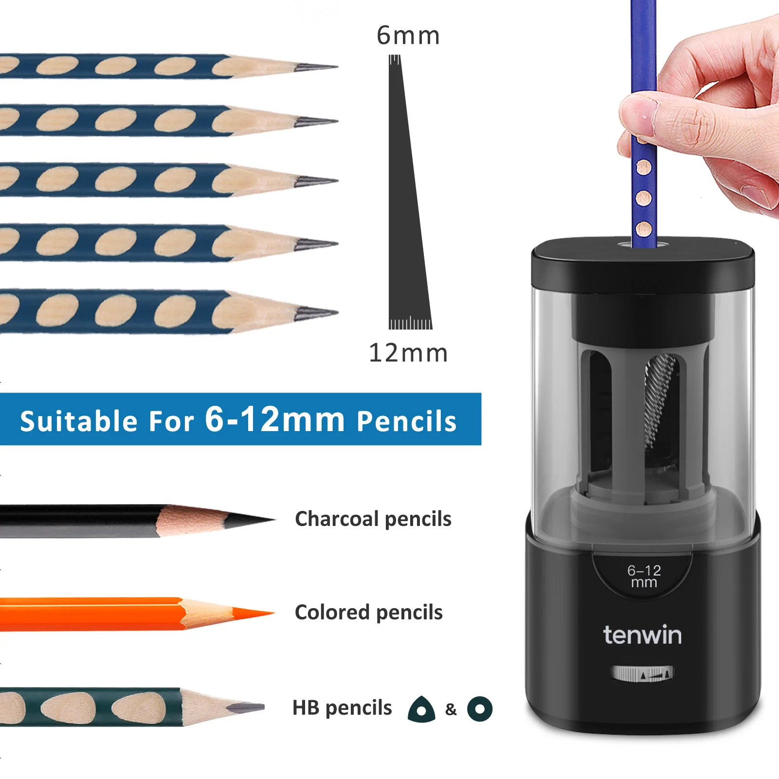 Tenwin 6-12Mm Rautan Pensil Listrik Auto-Stop Besar Alat Tulis Mempertajam Perlengkapan Kantor Sekolah Rautan Mekanik Hadiah Anak-anak