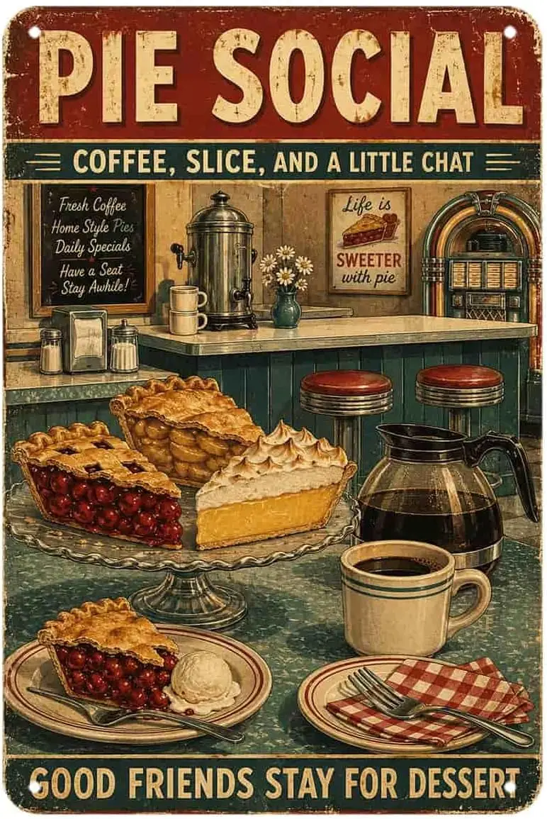 Pie Social Coffee Dessert tin Sign Vintage Retro Diner Bakery Metal Signs Retro Wall Sign for Home Room Decor Bedroom Kitchen Ba