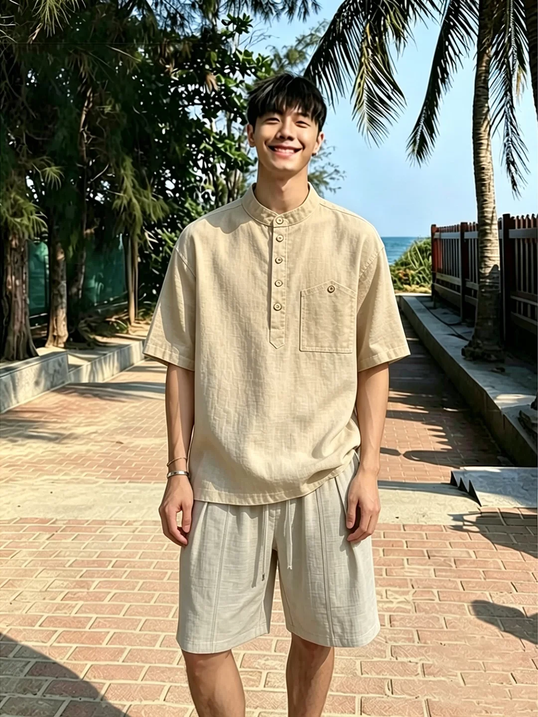 Lightweight Short Sleeve Henry Collar  Shirt Linen Ice Silk Men's Summer T-Shirt Casual Loose Fit Breathable Anti-pilling