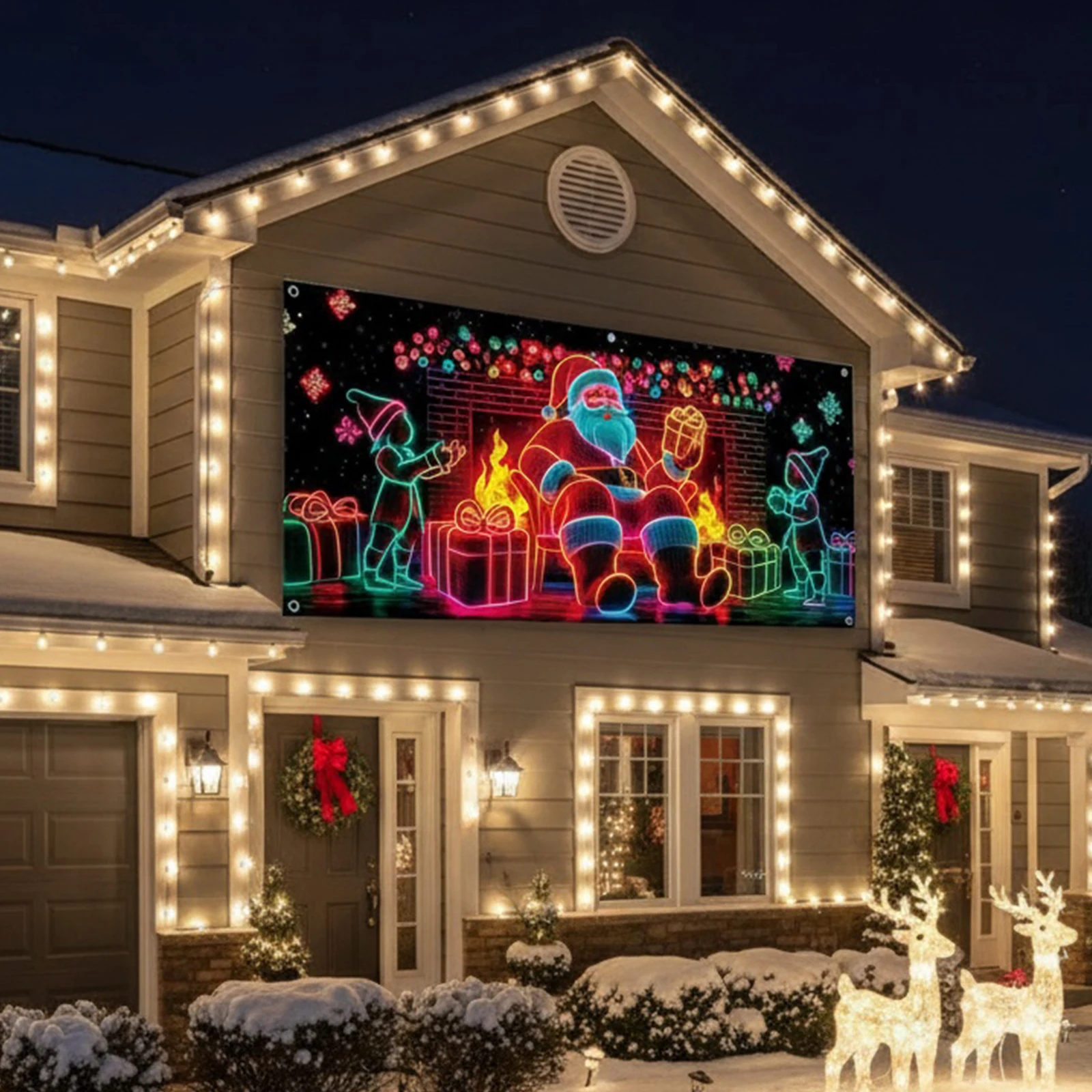 

2D плоский рождественский баннер для гаражных ворот, активированный УФ-излучением, большой светильник в темноте, праздничный рождественский настенный декор для вечеринки, домашнего декора