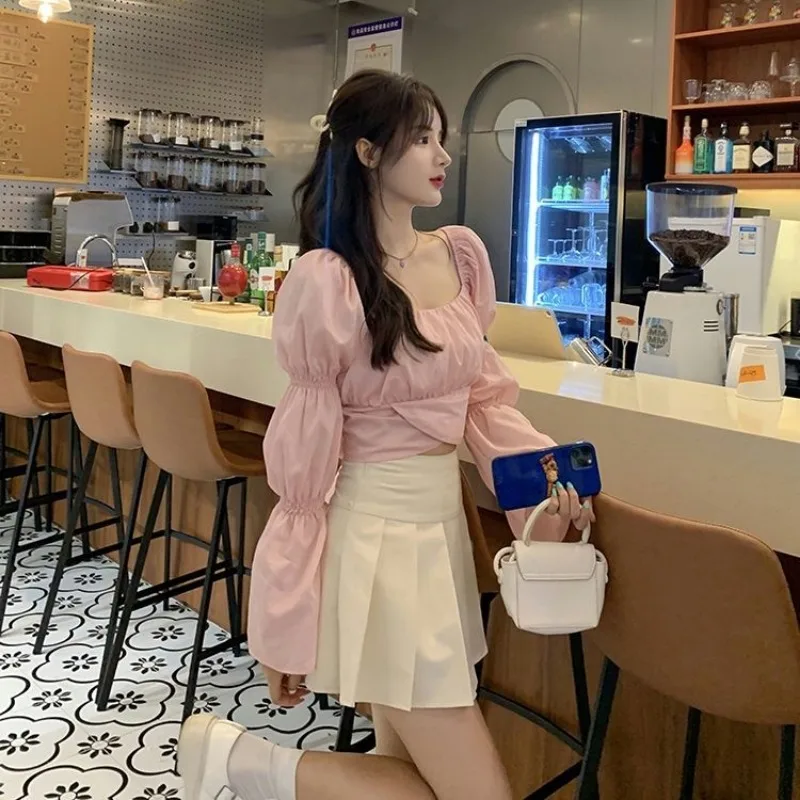 Sweet Puff Sleeve Blouse Women New Autumn French Square Collar Lace-up Long-sleeved Solid Color Slim Basics Daily Tops Female