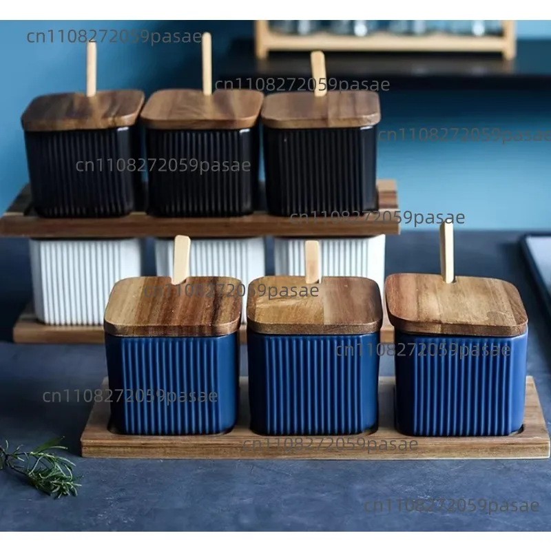 北欧スタイルのキッチンキャニスターセット、白いセラミックスパイスジャー、竹製の蓋付きセラミックスパイスジャー、セラミックジャー