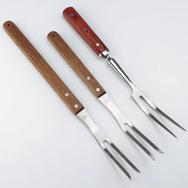 Grill na świeżym powietrzu narzędzie drewniany uchwyt widelec do grilla widelec do grilla ze stali nierdzewnej widelec do grilla