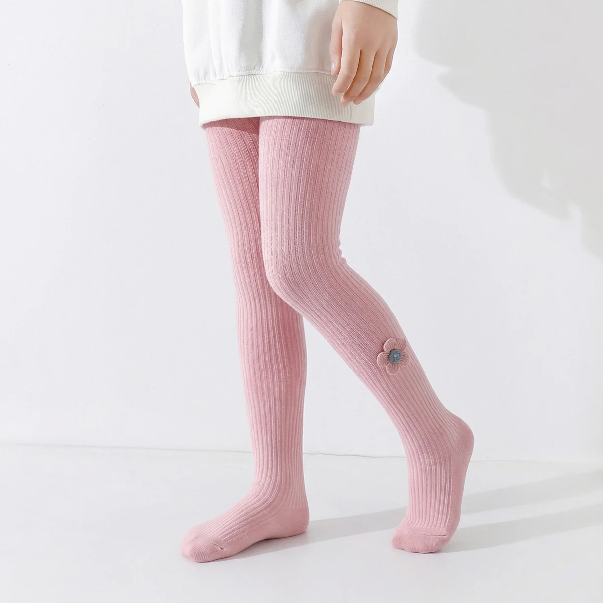 3 PCS Kids Ribbed Tights for Girls Spring Autumn, High-Elastic Warm Slim Base Long Socks Flower Bow Versatile, for School Outdoo