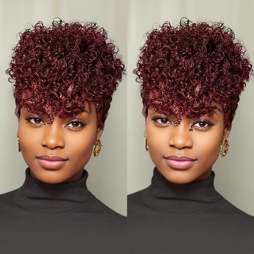 

Короткий афро-кудрявый парик 99J для женщин, 100% человеческие волосы, стрижка пикси, афро-парик машинного производства