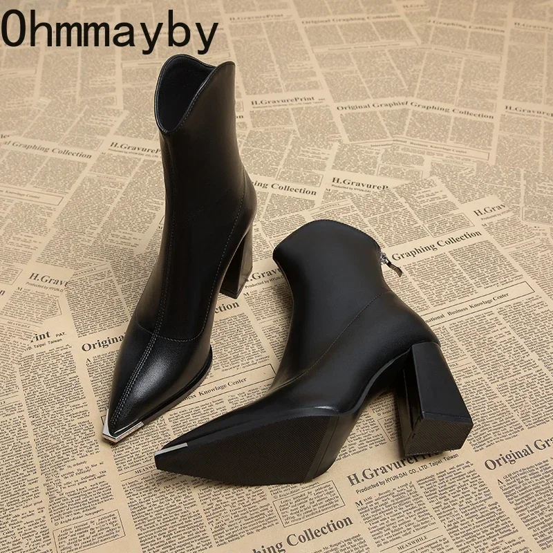 Pointed Toe Women\'s Ankle Boots Fashion Back Zippers Short Botas Ladies Elegant Square High Heel Winter Women\'s Footwear