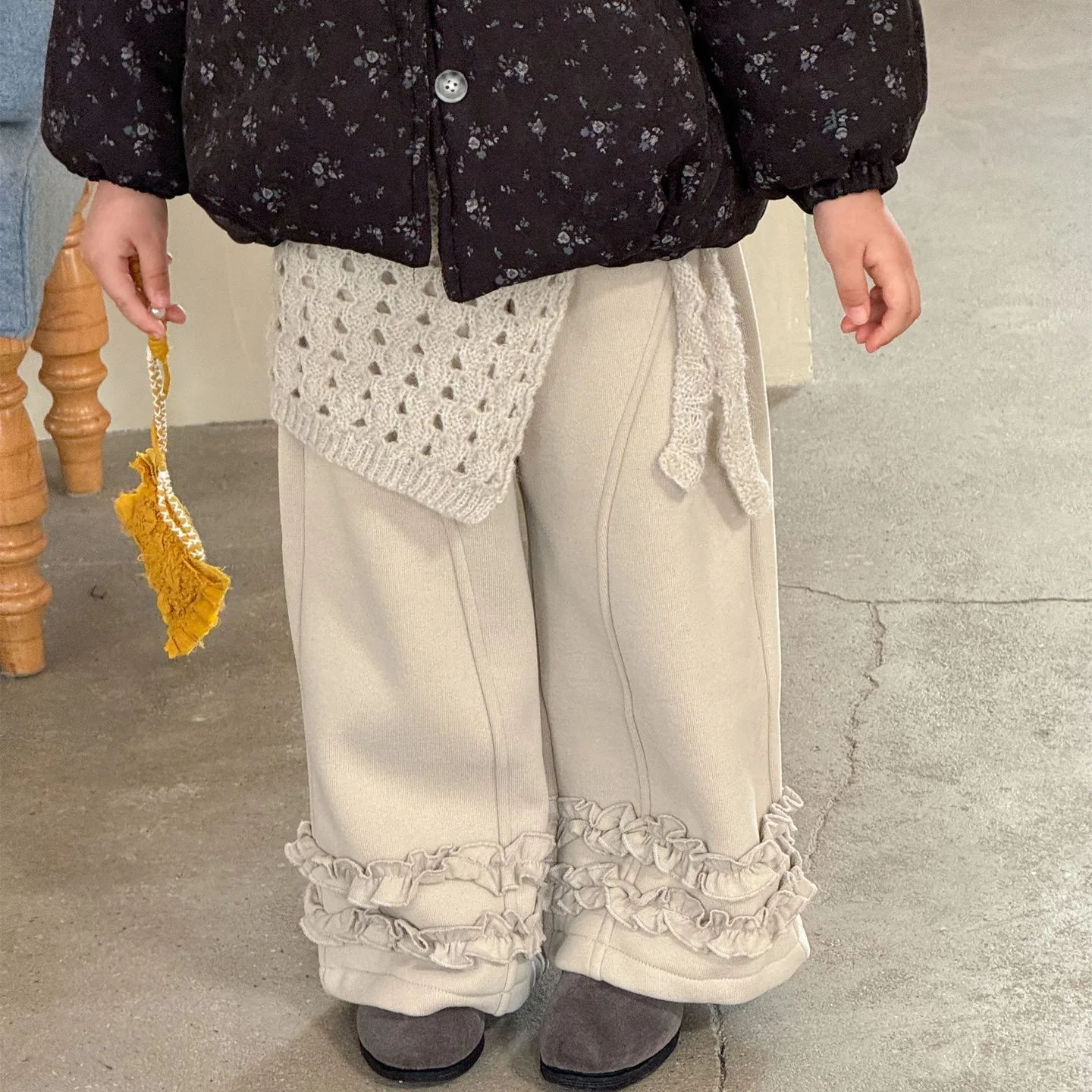 2025 الفتيات الكورية الخريف والشتاء جديد بلون الدانتيل التخسيس تنوعا واسعة الساق السراويل زائد المخملية السراويل المستقيمة بوتيك #2