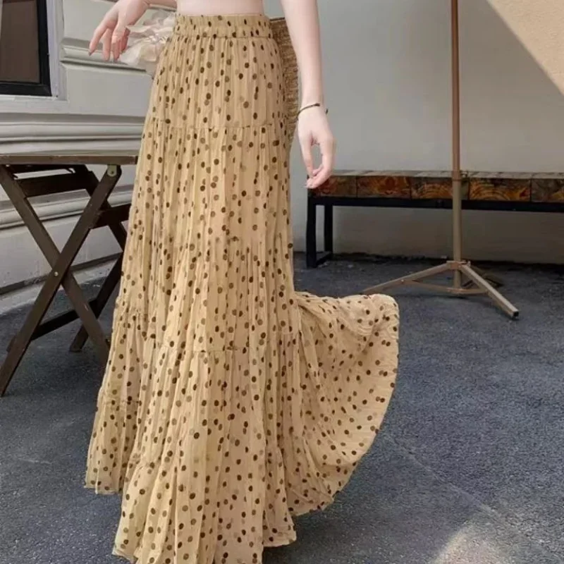 

Новая мода длинная юбка с принтом в горошек женская с эластичной резинкой на талии повседневные шифоновые летние богемные юбки длинные праздничные юбки