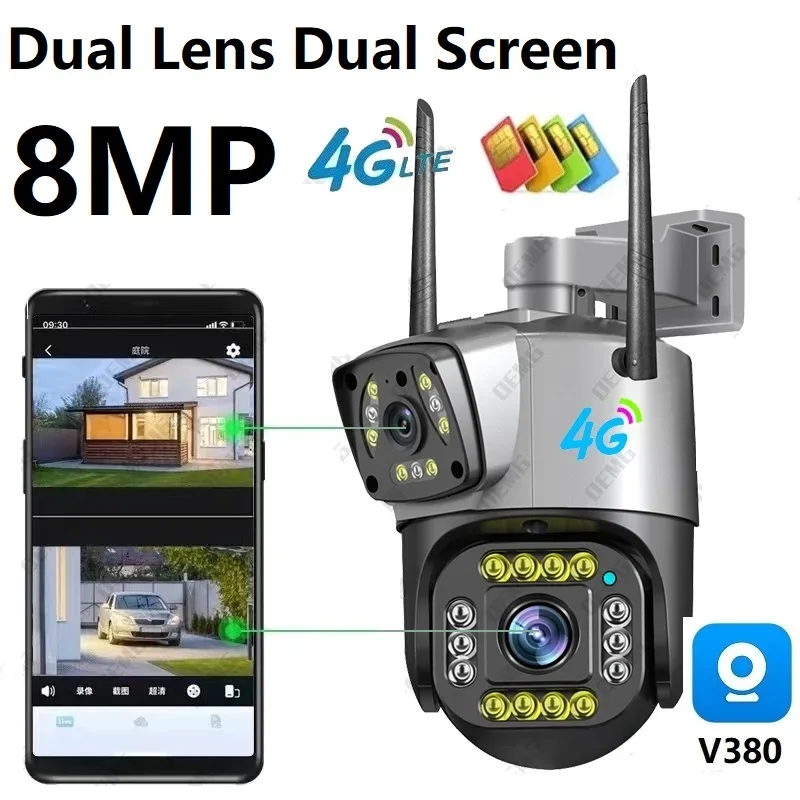 8MP 4K Dual Lens Dual Screen 4G SIM Card Camera Bullet Dome Linkage Camera Ai Motion Tracking Wireless Camera Color Night Vision