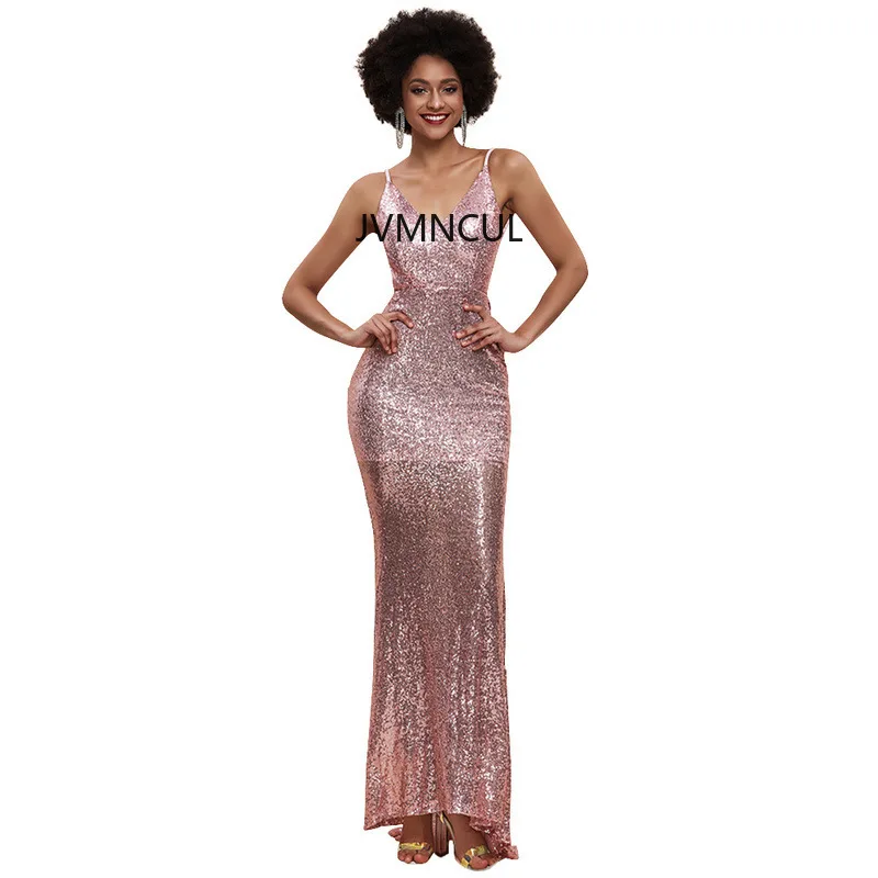 2025 Vestido de noche sin espalda de nuevo estilo con lazo y lentejuelas brillantes, vestido de noche sin mangas con cola halter para mujer en stock