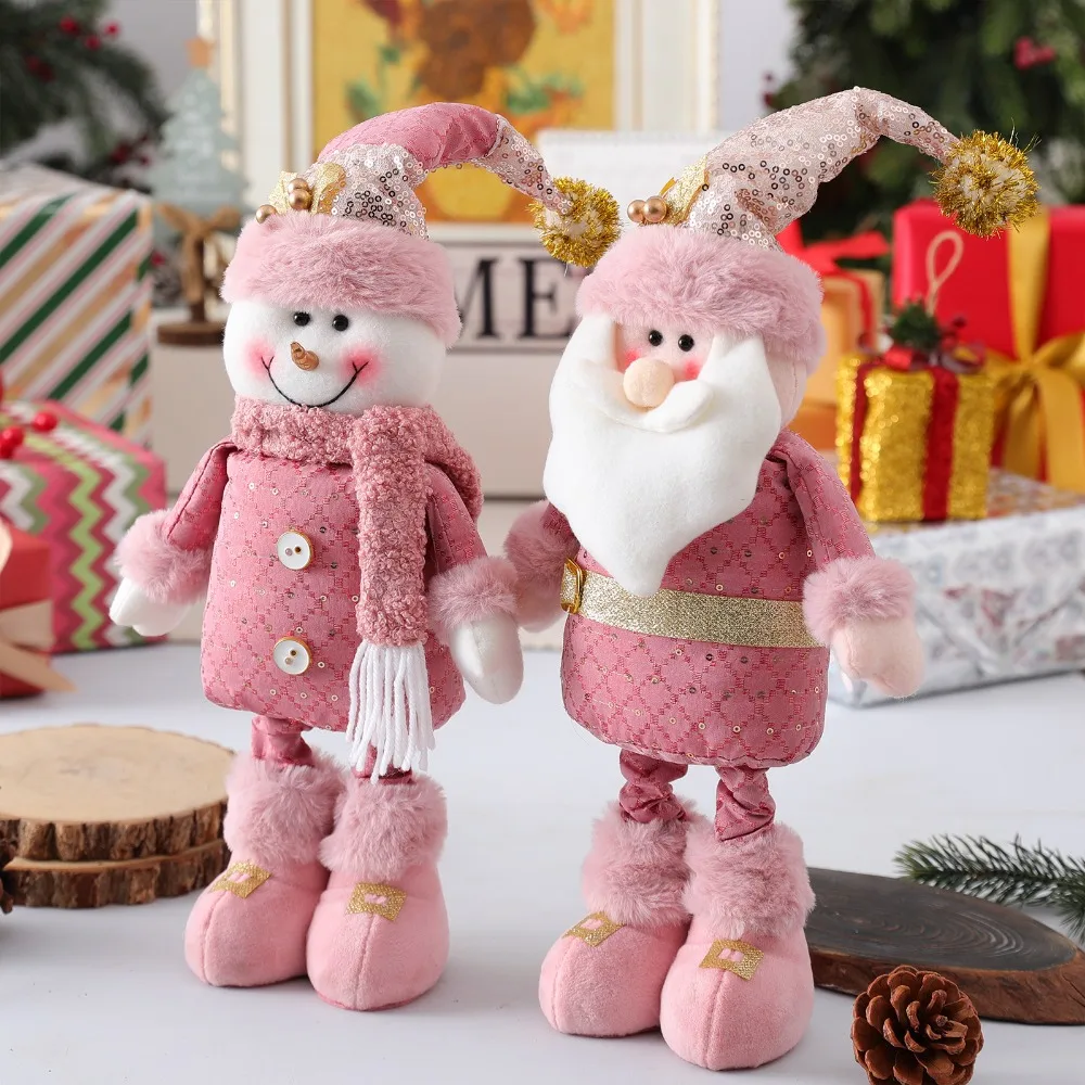 Pink Telescopic Christmas Dolls Ornament Plush Snowman，Santa Claus，Elk，Standing Doll Home Party Holiday Decor Merry Christmas