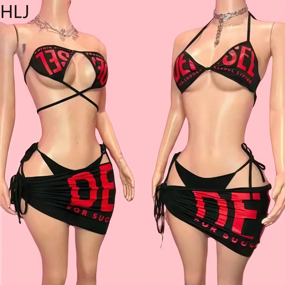 

HLJ Sexy Digital Print Skirts Set Hanging Strap V Neck Low Chest Backless Lace Up Top Wrapped Hip Short Skirt Suit Spring New