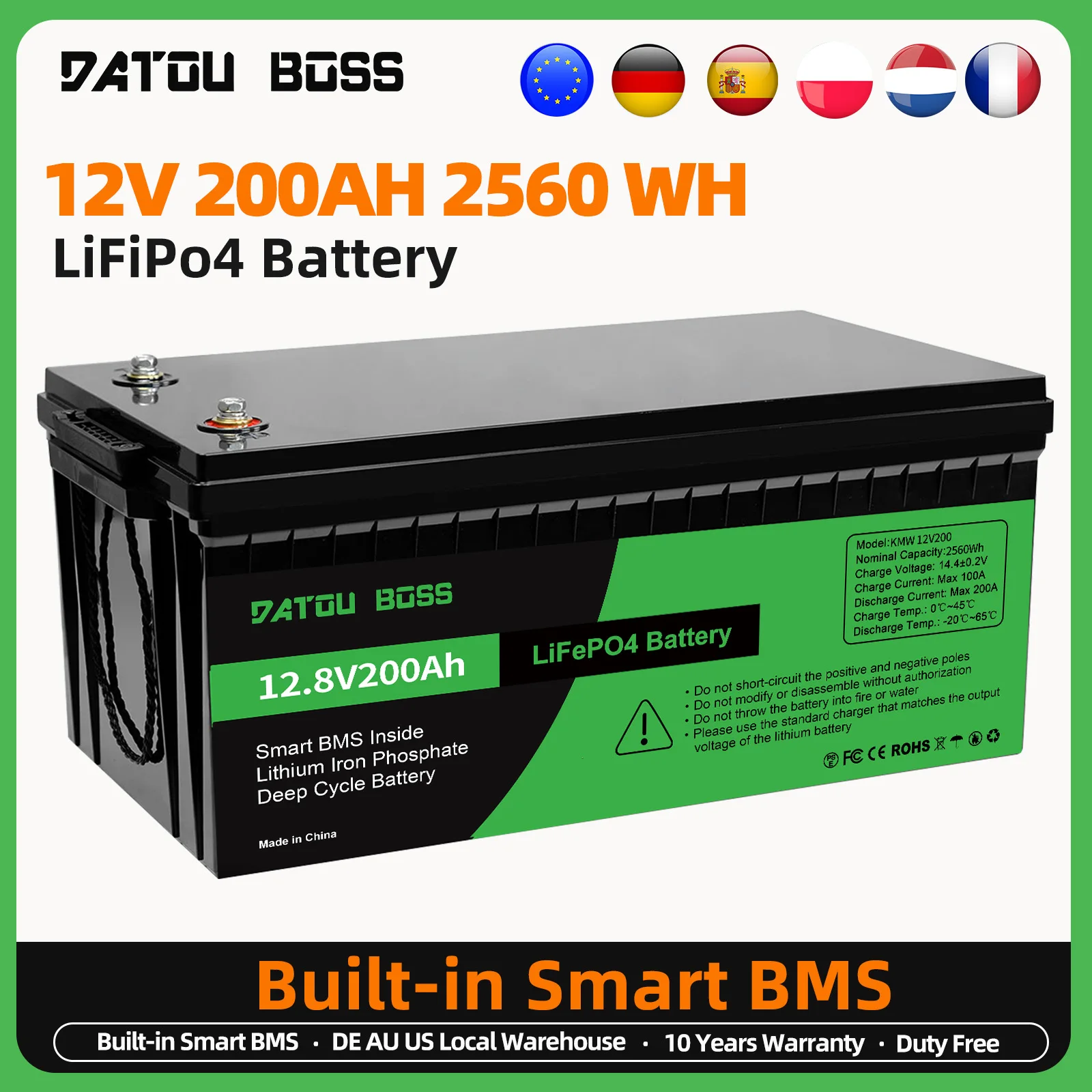 DATOUBOSS Portable 12V 100AH 200AH 300AH Battery Charger Travel Convenience LiFePO4 Lithium Battery EU Tax Free Local Warehouse