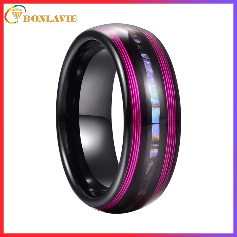 BONLAVIE 8mm Electric Black Inlaid Purple Guitar Strings Abalone Dome Tungsten Carbide Ring Men's Fashion Wedding Jewelry Gift