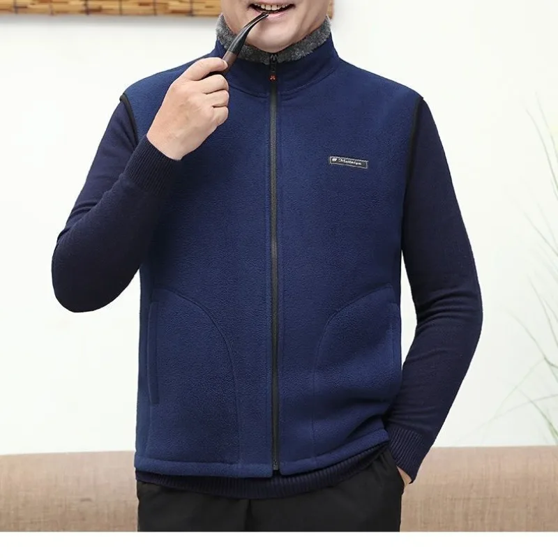 Men's Solid Autumn Winter Turtleneck Letter Pockets Flocked Sleeveless Zipper Cardigan Coats Vests Fashion Casual Vintage Tops