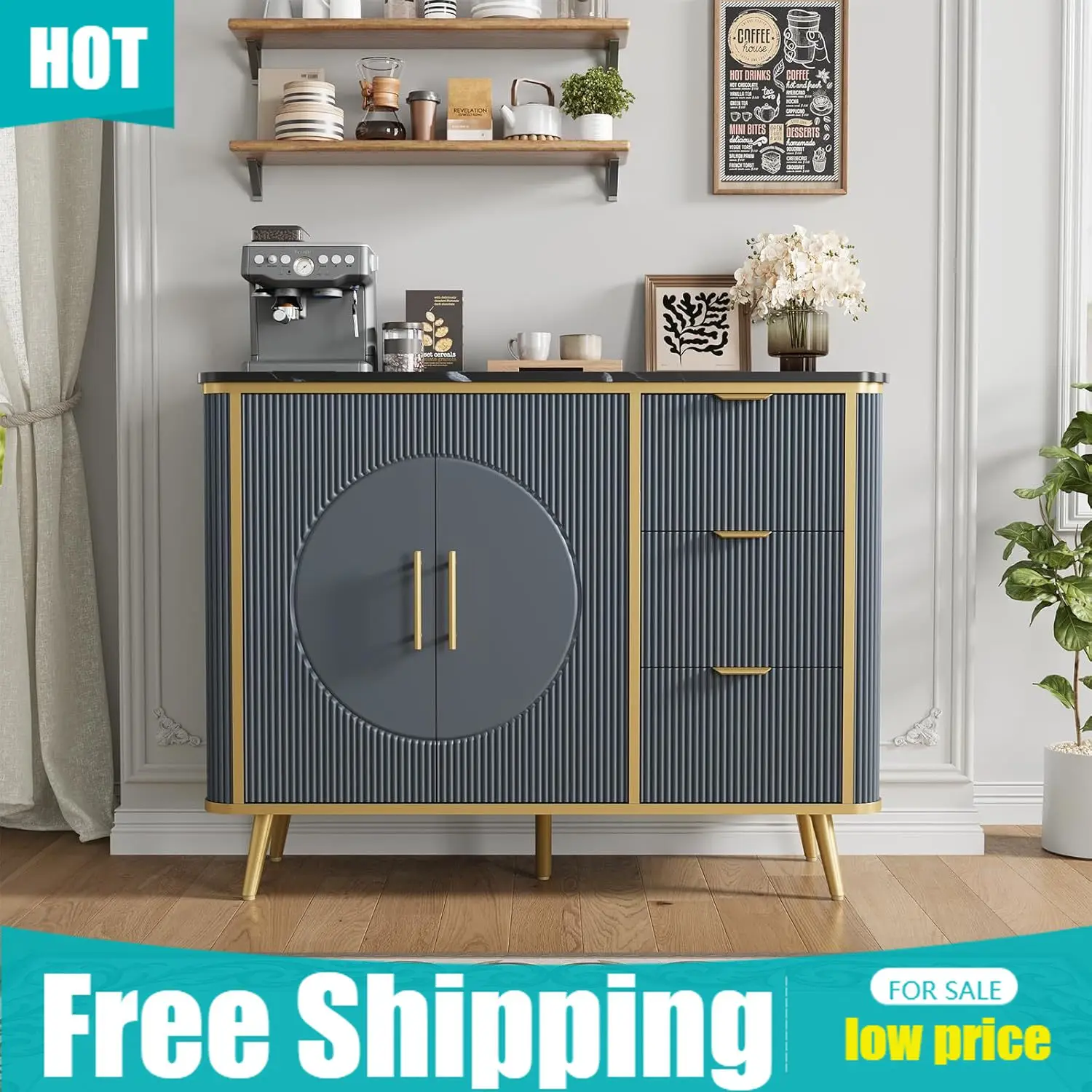 

47.3" Modern Buffet Cabinet with Storage, Kitchen Sideboard Buffet with 2 Door & 3 Drawers, Fluted Caffee Bar Storage Cabinet fo