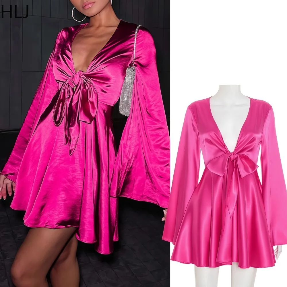 

HLJ Autumn New Sexy Ruched Bodycon Dresses for Women Rose Red Long Sleeve Bandage Patchwork Dress Female Streetwear Vestidos