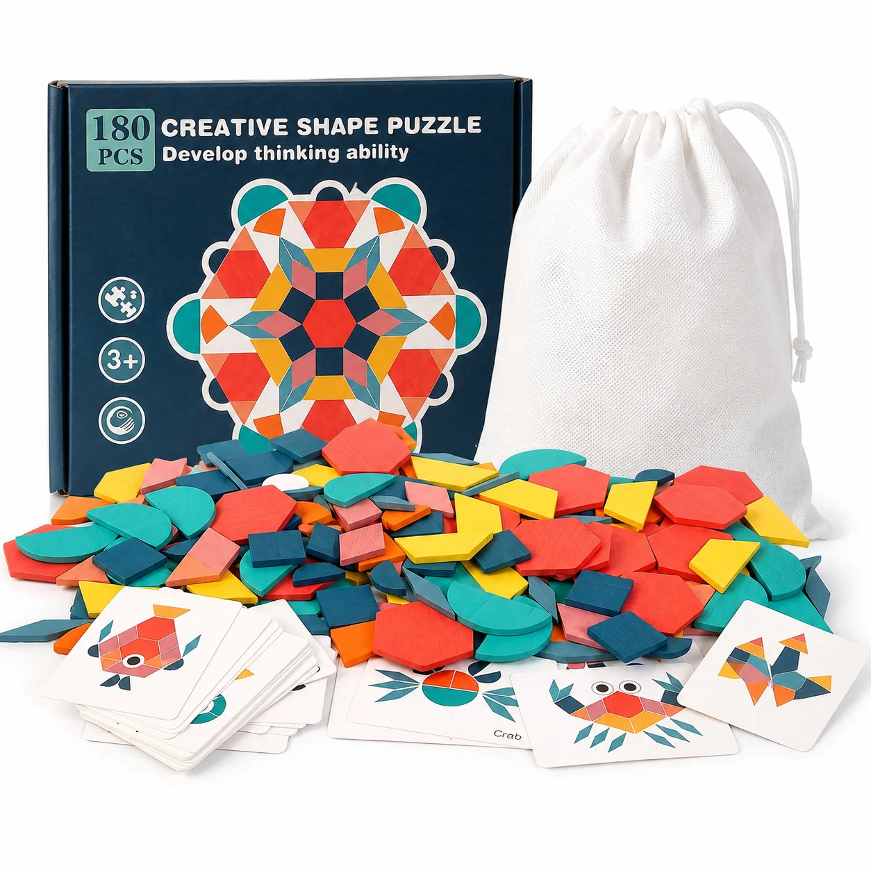 

180PCS Wooden Tangram Pattern Blocks - Creative Shape Puzzle with Design Cards for Imaginative Play, Kids 3+