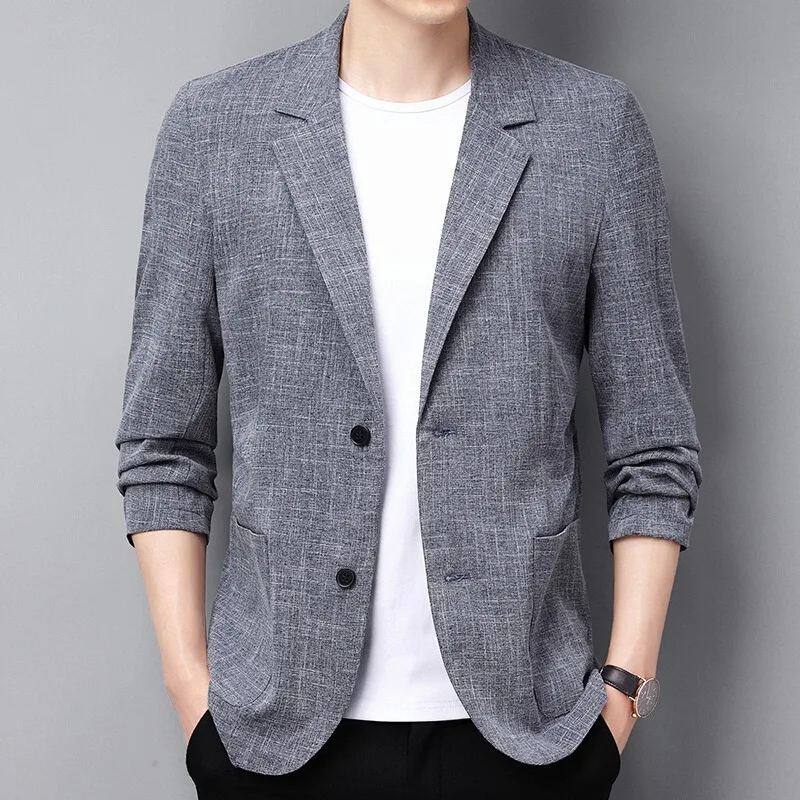 

KIDWHXR Men Suit Coat Thin Linen Striped Pocket Male Blazer Single-breasted Long Sleeve Breathable Business Casual Man Outerwear