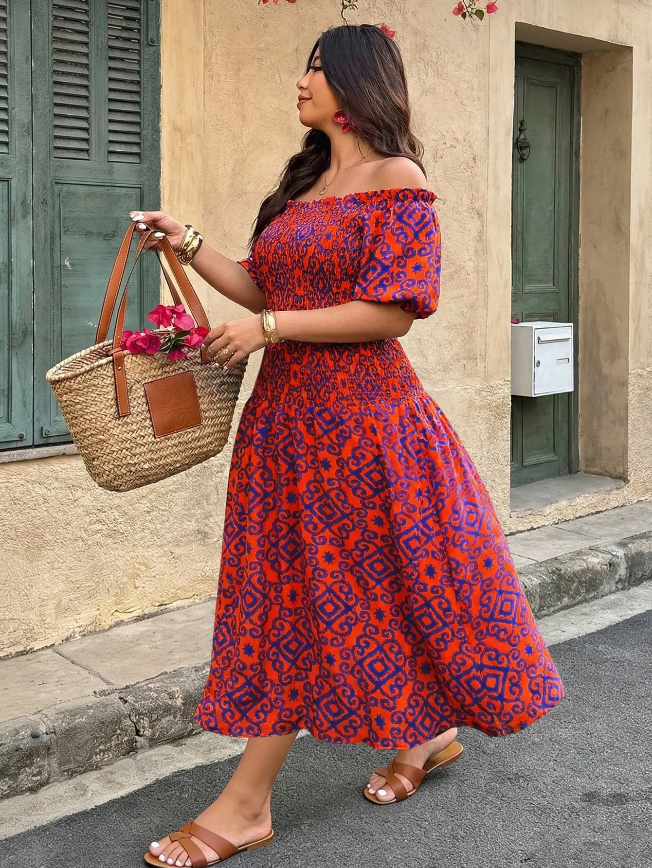 Plus Size Womens Off Shoulder Printed Puff Sleeve Midi Dress Split Hem Dress Boho Beach Holiday Dress Casual Daily Outfit