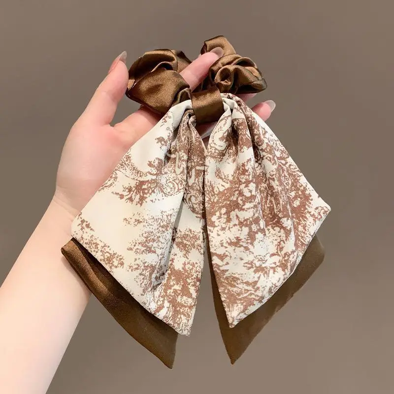 

French Retro Ribbon Bow Scrunchie Elegant Ponytail Hair Elastic for Women Daily Use Soft Breathable Satin Brown Elastic Hair
