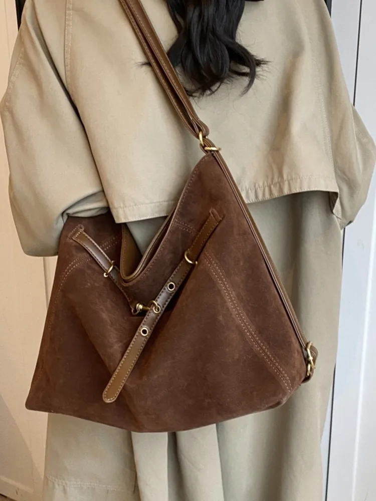 

Женская замшевая сумка-тоут большой вместимости, на каждый день, через плечо, с двойными ремнями, мягкая, для повседневного использования