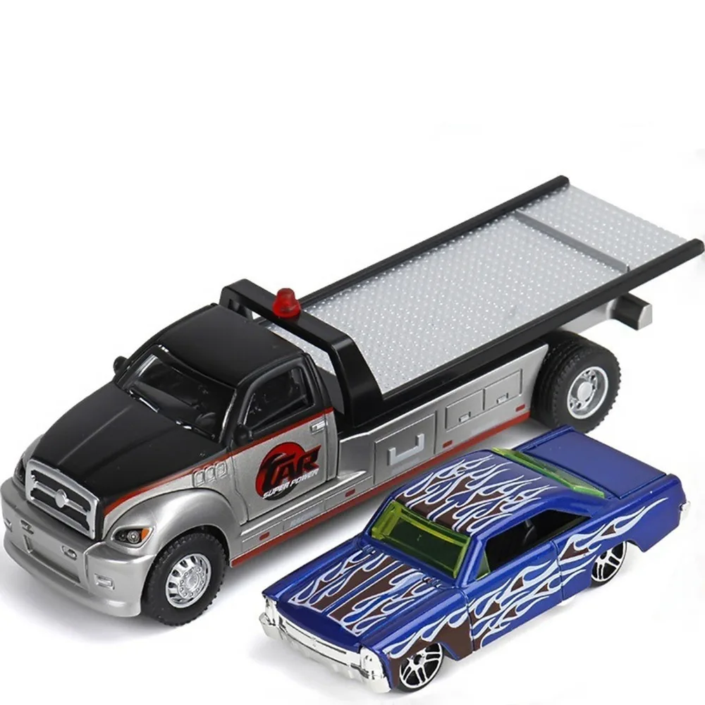1/64スケール 合金製トレーラーモデル ダイキャストメタル 可動関節付き 救助工事車両 プルバック式輸送車両