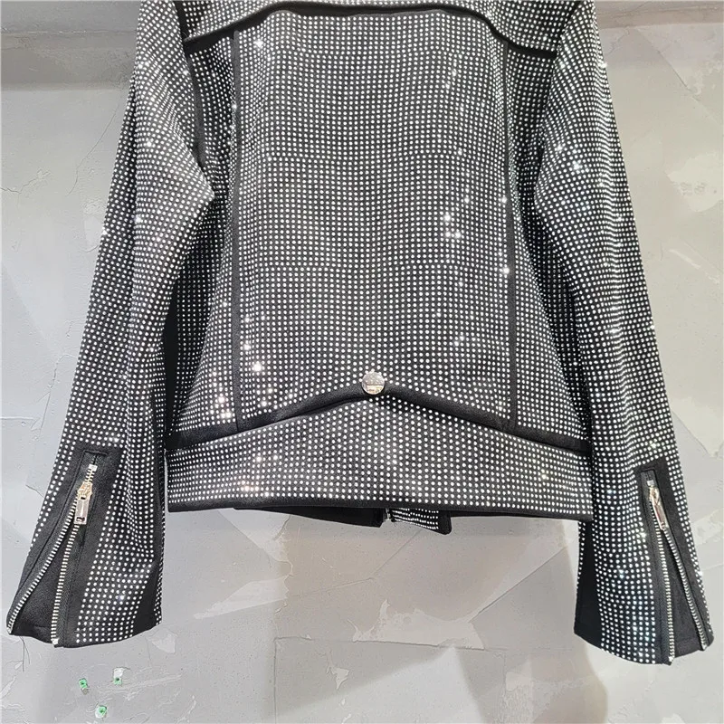 European and American Style Heavy Industry Rhinestone Short Coat 2024 Autumn New Full Diamond Oblique Zipper Jacket for Women