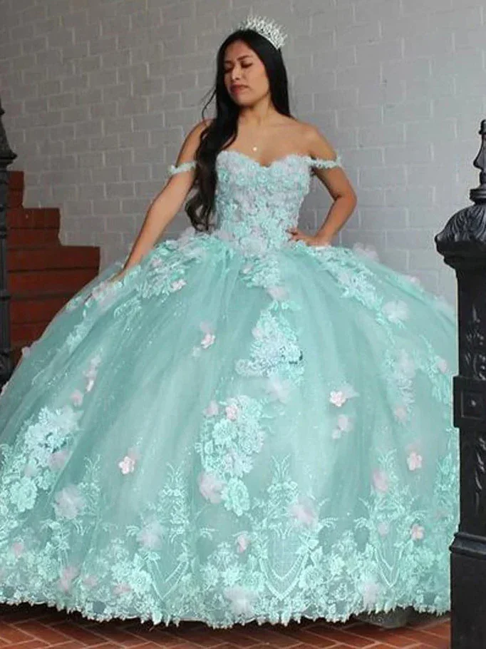 حكيم الأخضر فساتين الأميرة Quinceanera ، الزهور الدانتيل ، يزين مطرز بالخرز تول المتدرج ، الحلو 16 اللباس ، حفلة موسيقية فساتين عيد ميلاد